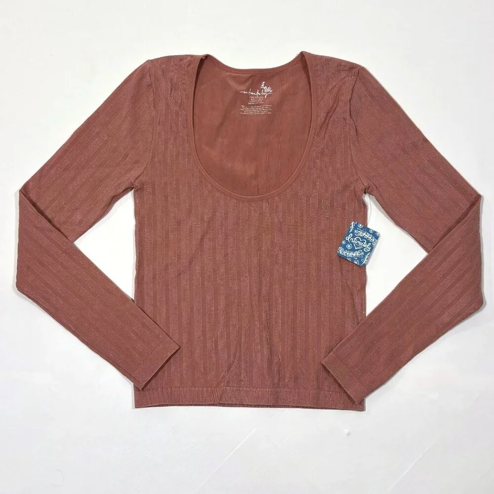 Free People Lucky You Layering Top Ribbed Knit Shimmer Pink Stretch NWT - XS/S